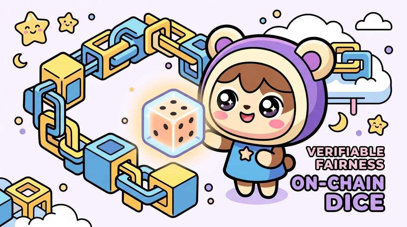 Chibi character inspecting a transparent dice linked to blockchain blocks
