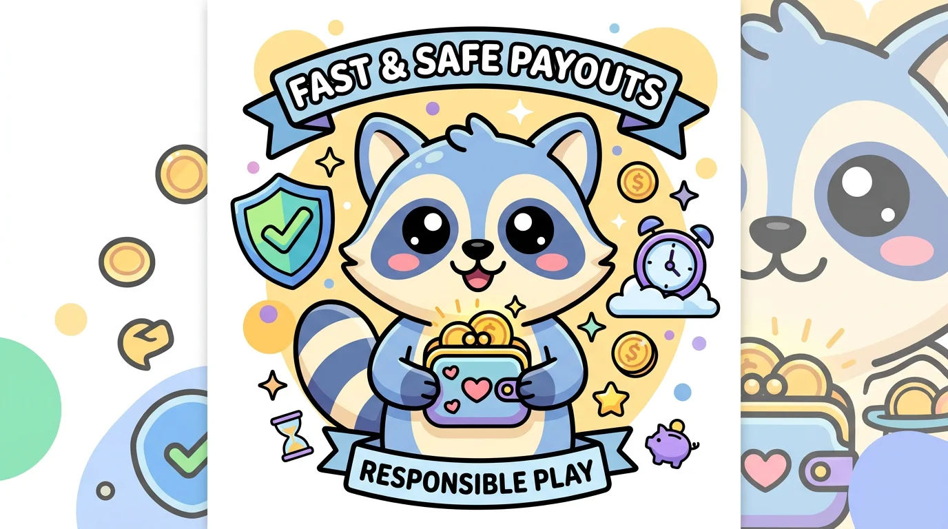 Chibi mascot holding a coin wallet beside a shield and clock icon