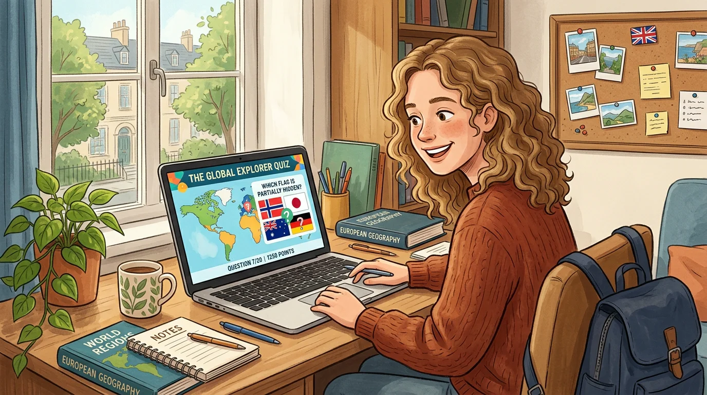 A European student playing a geography flag quiz on a laptop