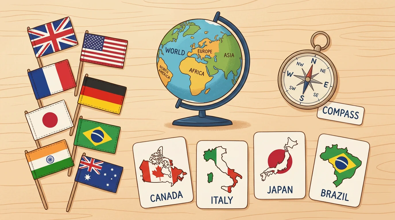 Flat lay of flags, a globe and a country outline card for geography learning