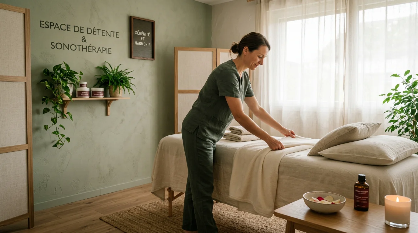 Studio de massage bien-être apaisant préparé pour accueillir une cliente