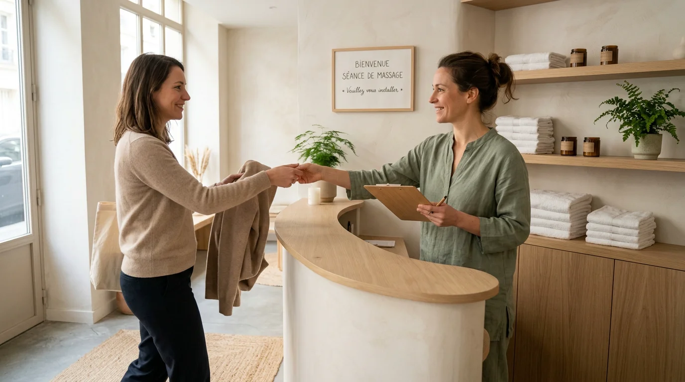 Praticienne bien-être accueillant une cliente dans un studio de massage lumineux