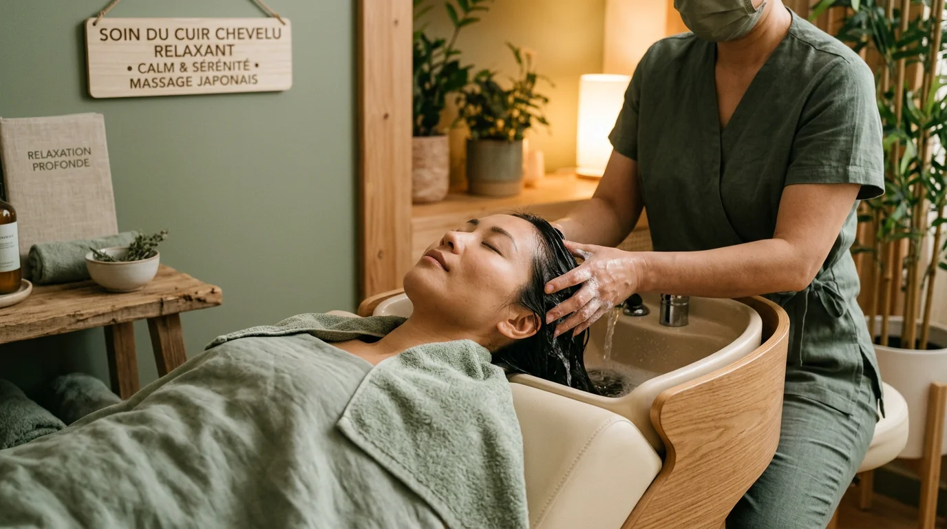 Soin Head Spa japonais du cuir chevelu dans une ambiance spa apaisante