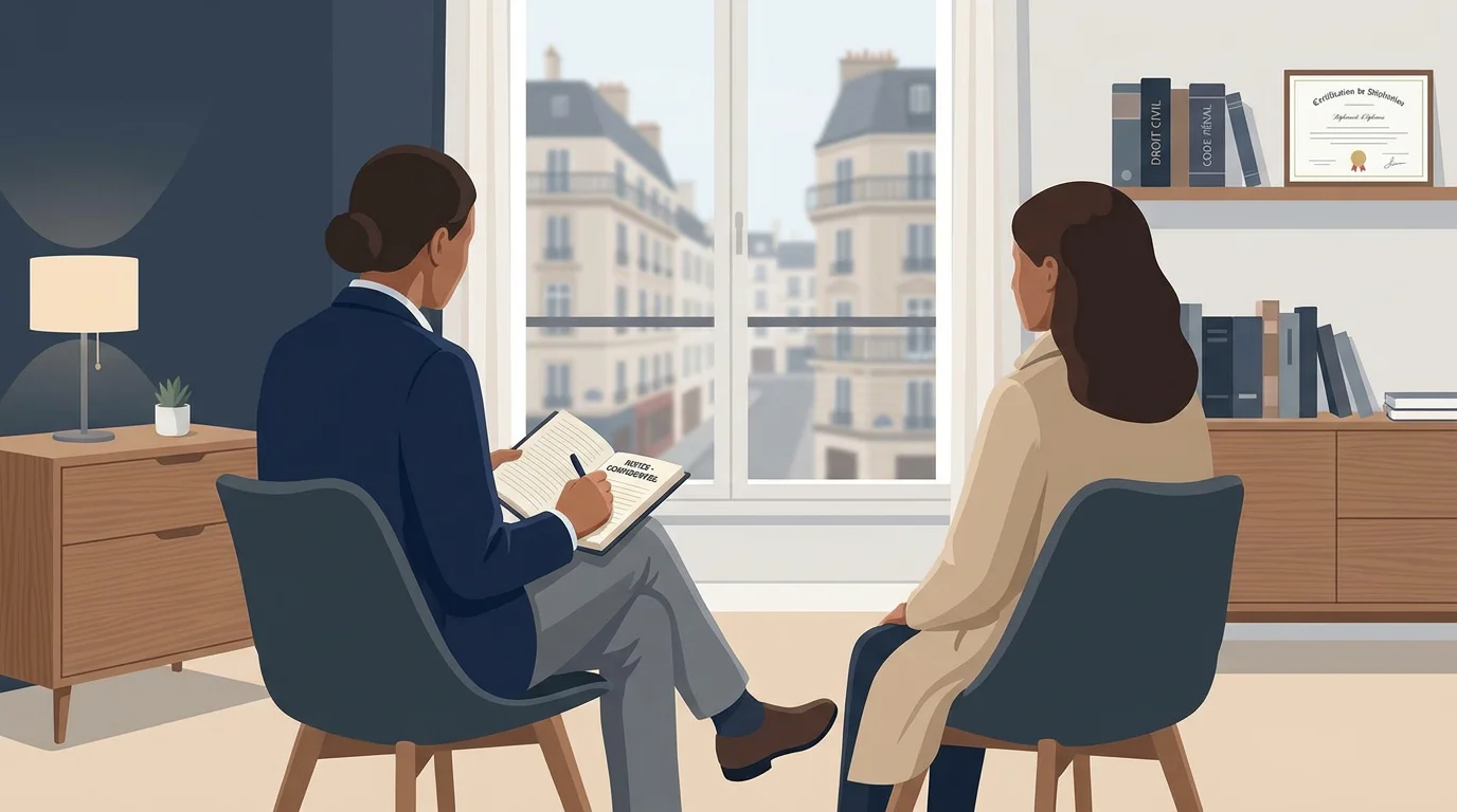 Entretien entre un avocat et son client dans un cadre professionnel, illustrant les droits de la défense