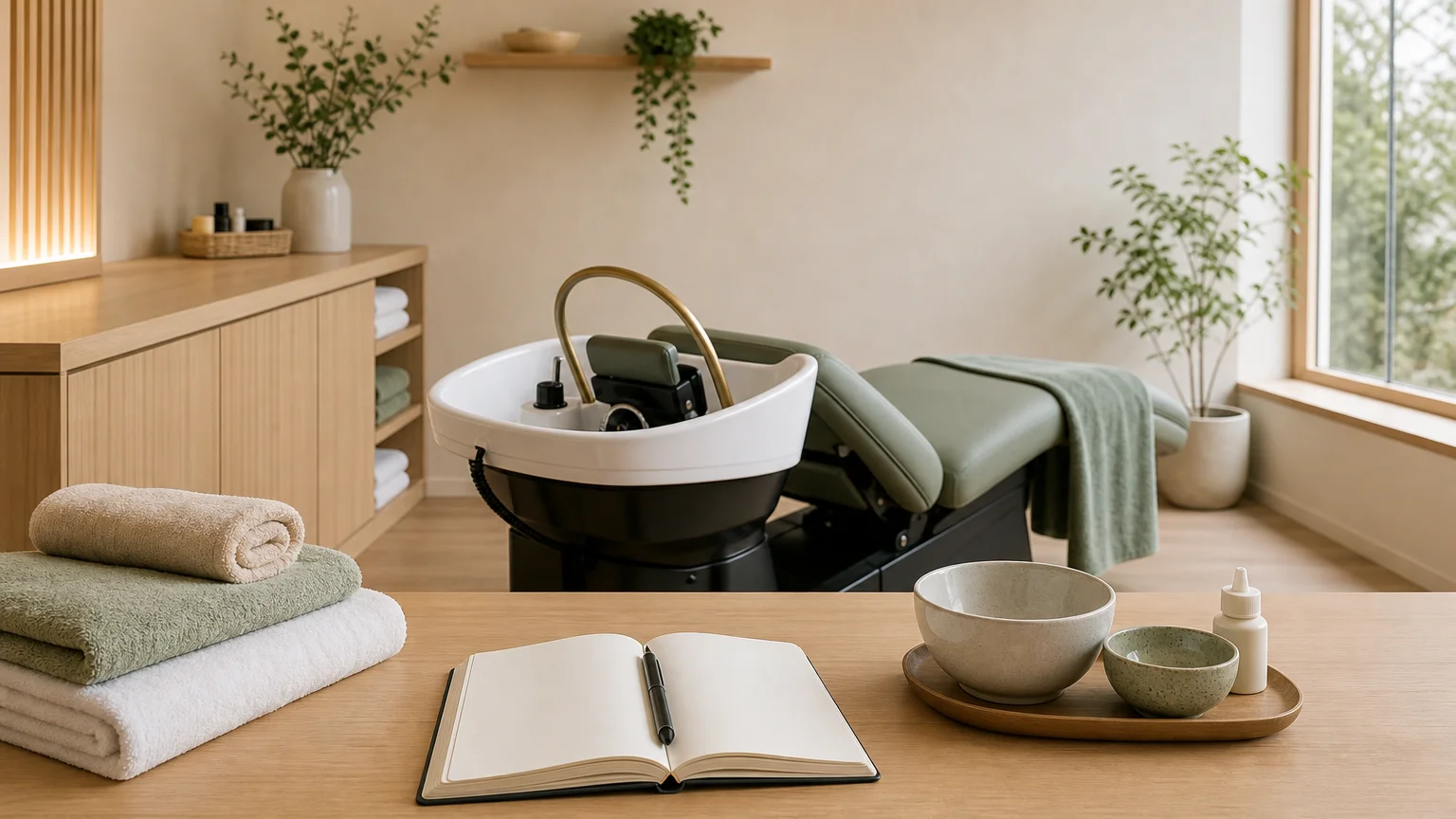 Espace professionnel préparé pour apprendre le Head Spa