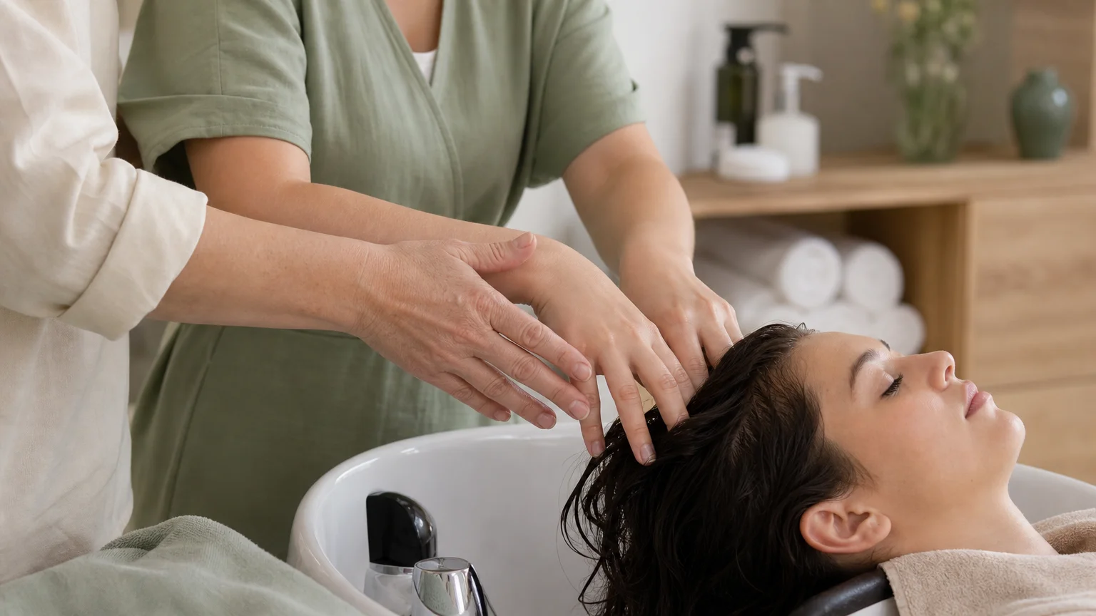 Formatrice corrigeant les gestes d’une apprenante pendant une pratique Head Spa