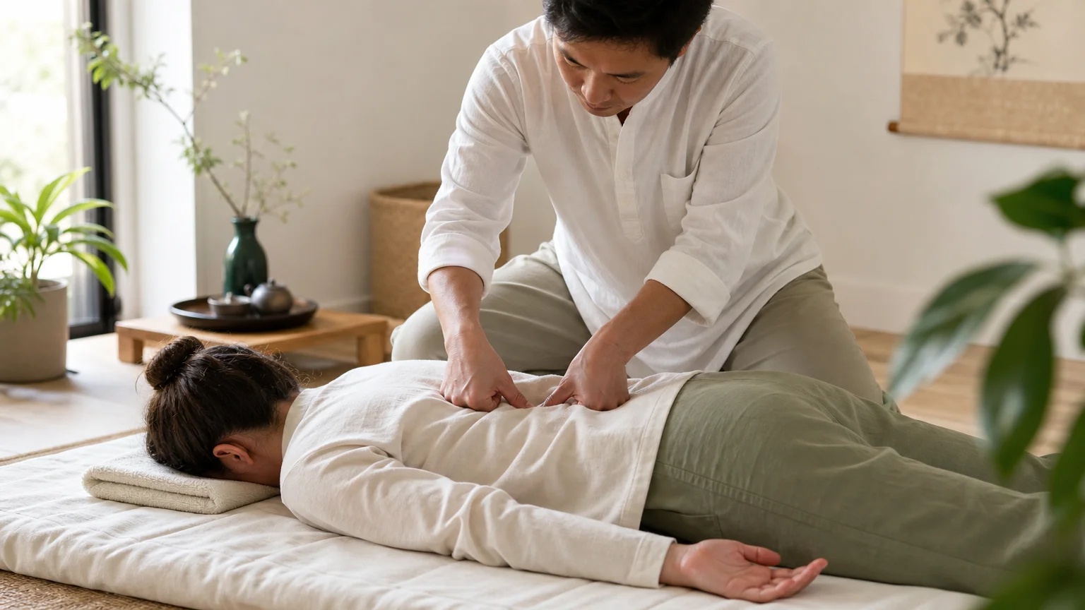 Séance de shiatsu avec pressions ciblées sur une personne habillée