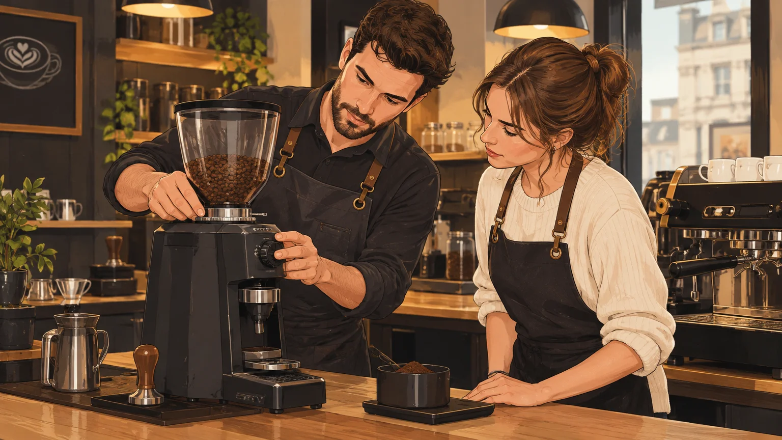 Un formateur accompagne un apprenant dans le réglage d’un moulin à espresso