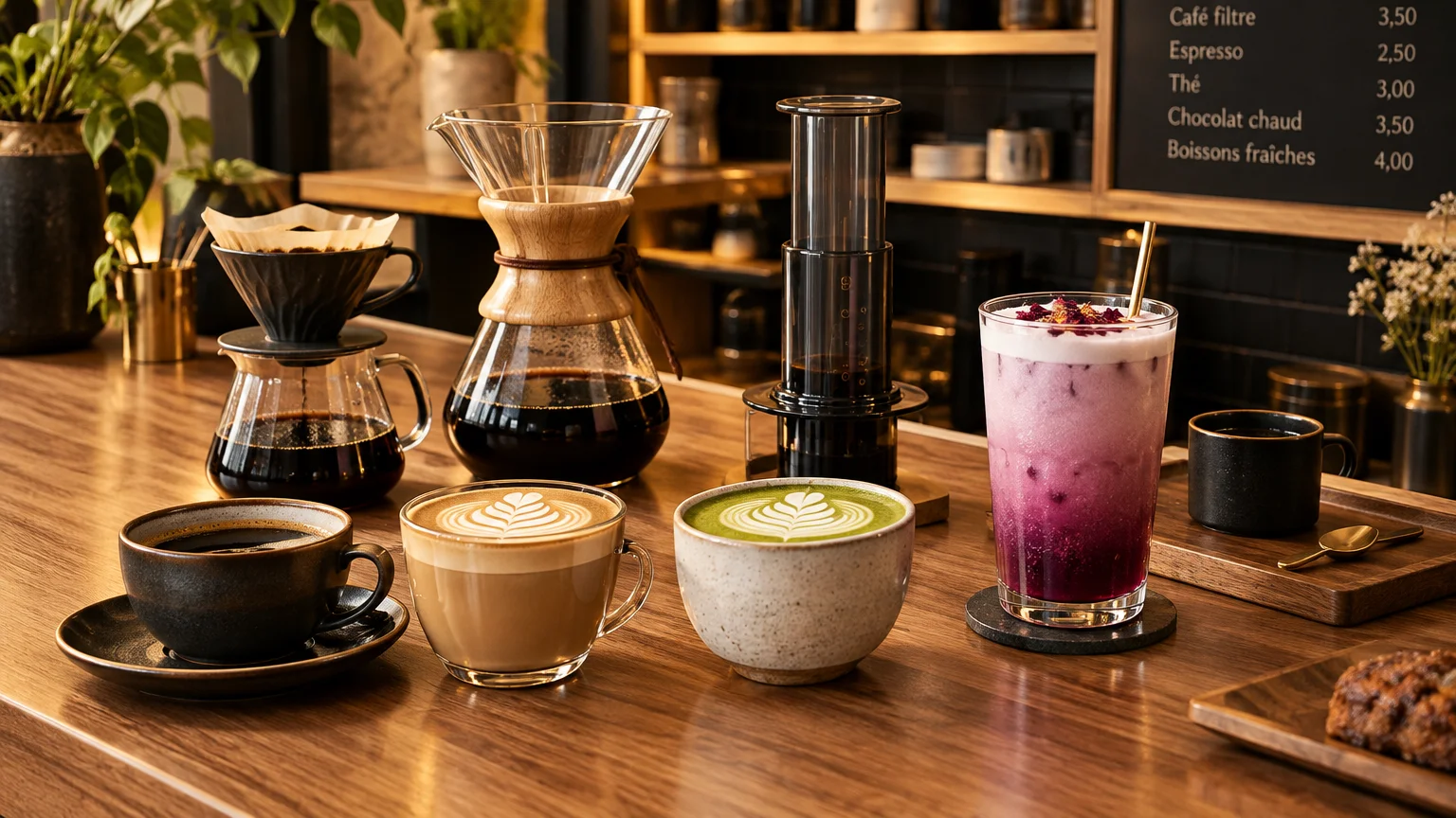 Méthodes douces et boissons variées sur un comptoir de coffee shop