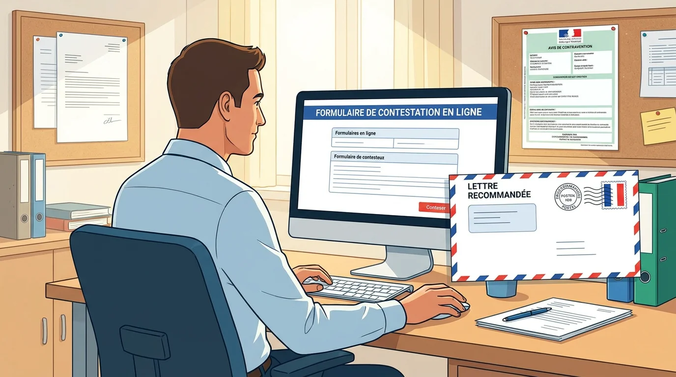 Bureau avec écran affichant un formulaire de contestation d'amende en ligne et courrier recommandé