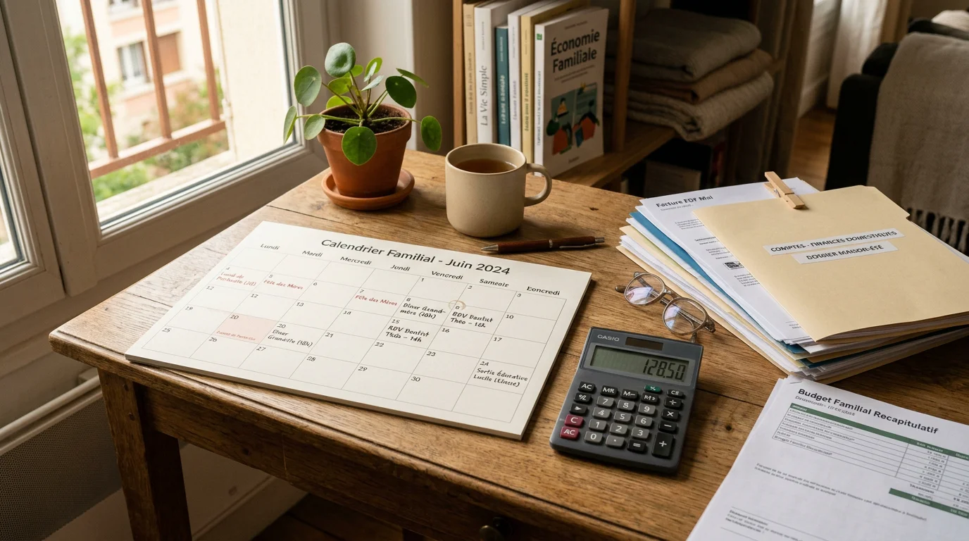 Bureau avec calculatrice, calendrier familial et documents pour estimer une pension alimentaire