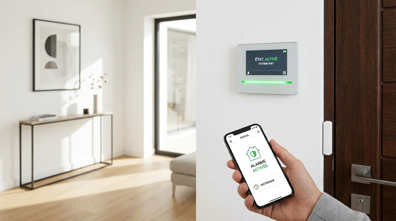 Système d'alarme connecté à internet installé dans une maison française avec application mobile