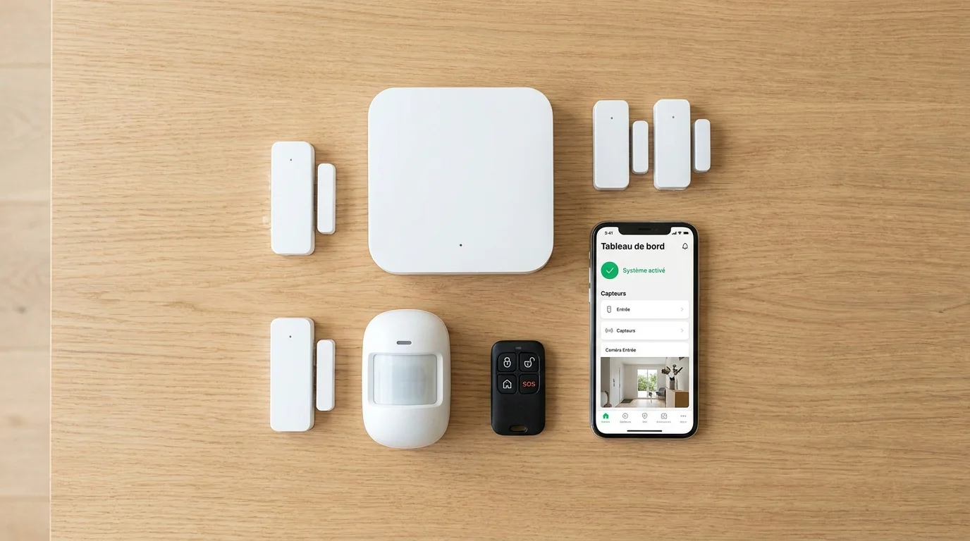 Composants d'un kit alarme maison connectée disposés sur un bureau en bois
