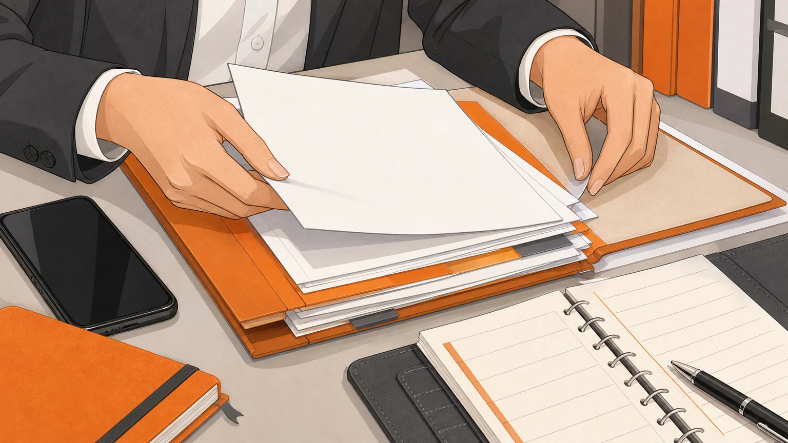 Mains classant des documents et un téléphone dans un dossier juridique.