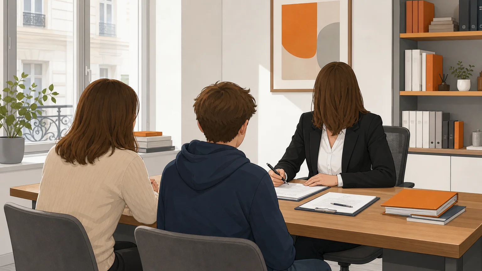 Échange calme dans un bureau juridique entre une avocate, un parent et un adolescent autour de documents.