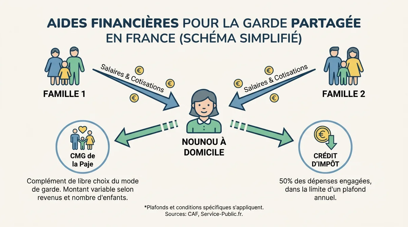 Schéma des aides financières CAF et crédit d'impôt pour la garde partagée en France