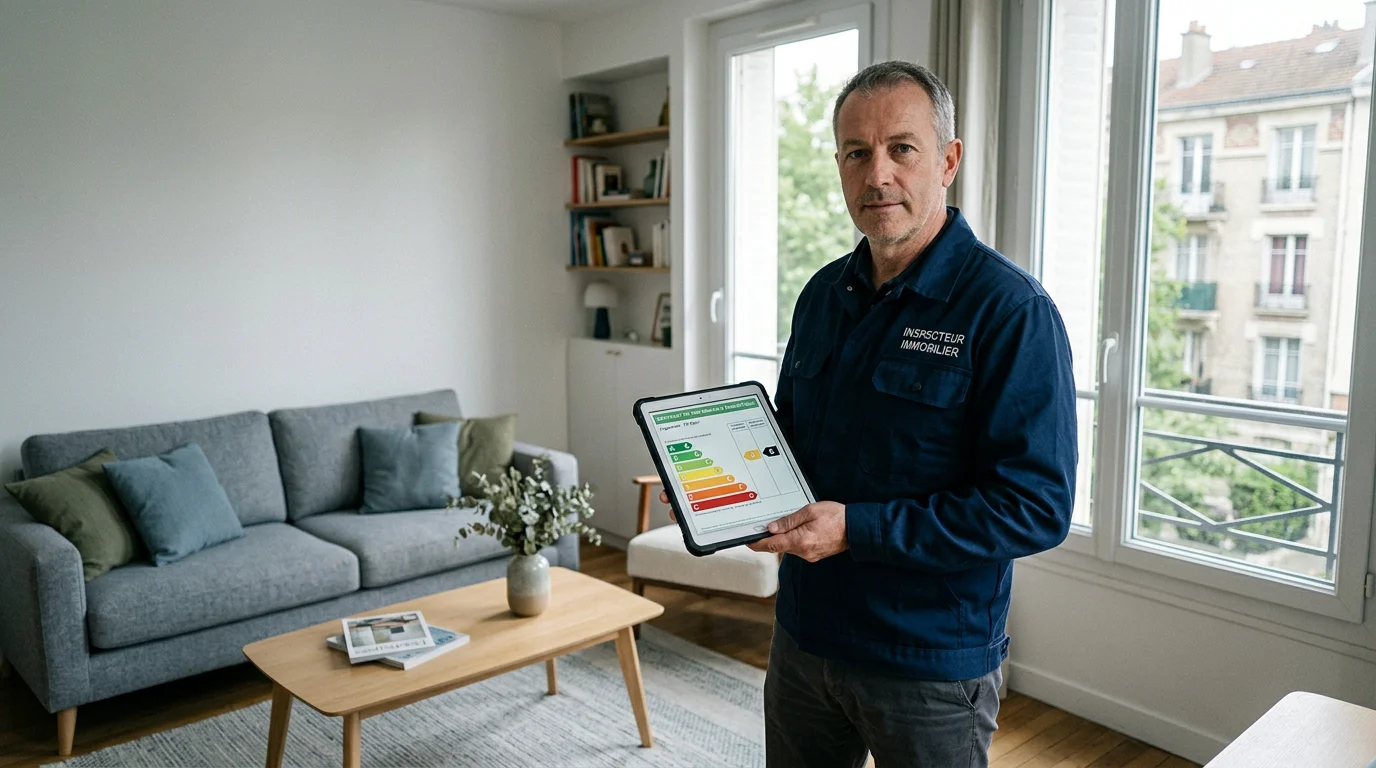 Diagnostiqueur immobilier consultant une étiquette énergie A à G dans un logement