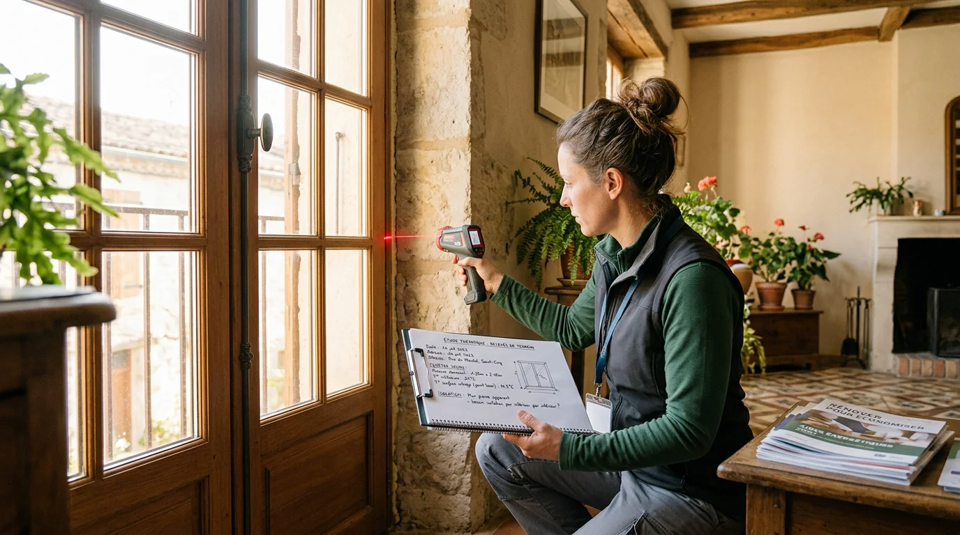 Technicien mesurant l'isolation et les ouvertures d'un logement pour un DPE