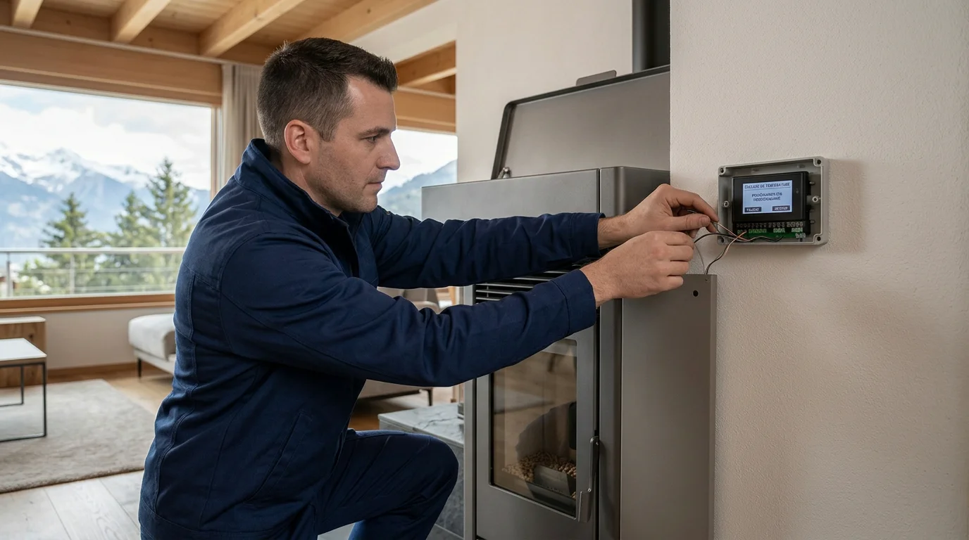 Technicien configurant un poêle à pellets connecté lors de son installation