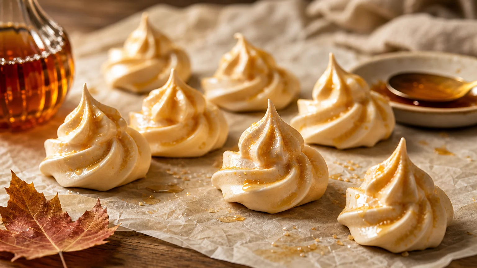 Meringues dorées à l'érable disposées sur du papier cuisson
