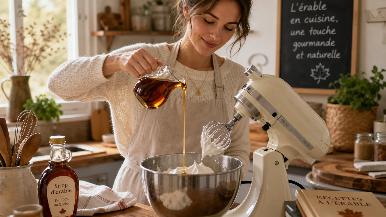 Sirop d'érable chaud versé en filet sur des blancs d'œufs montés
