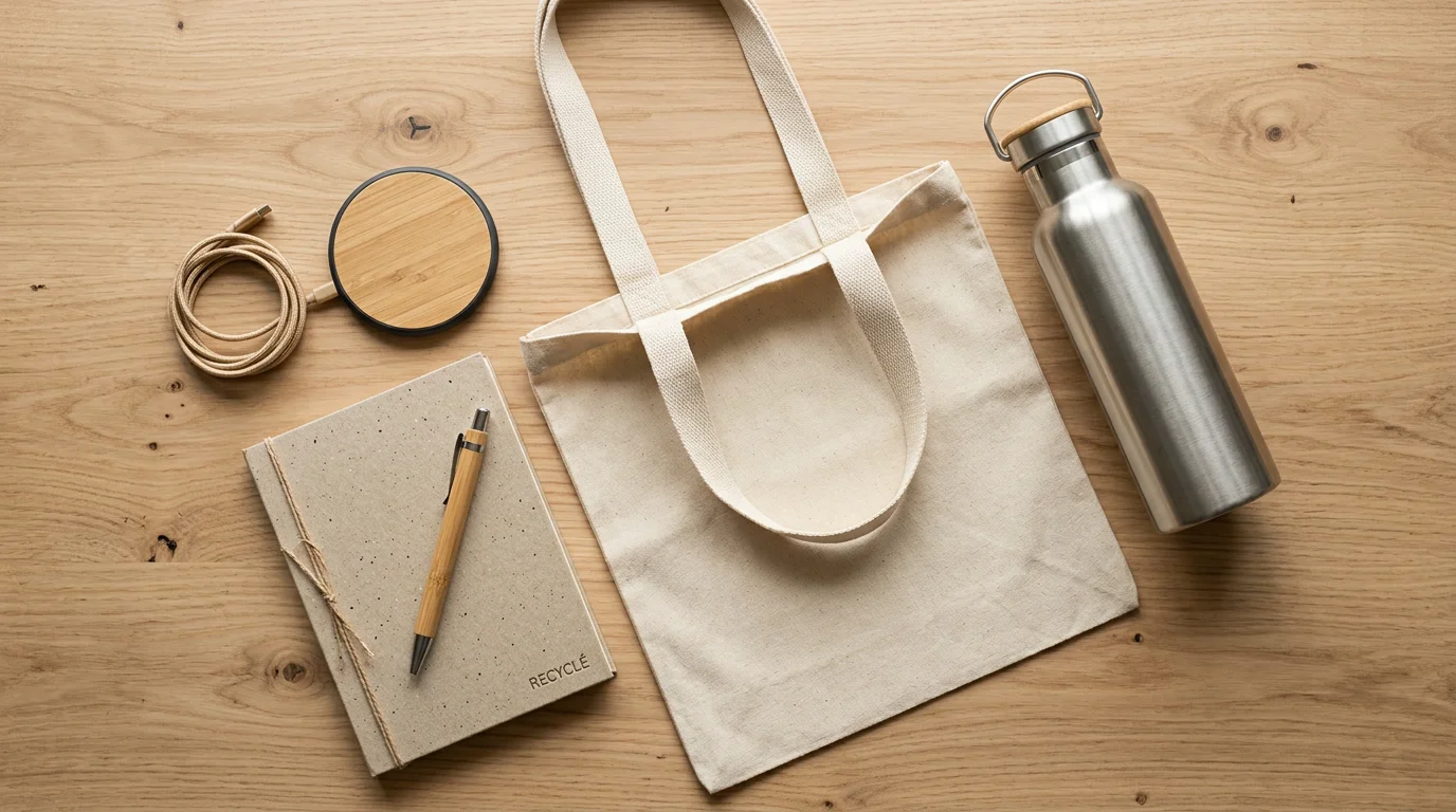 Objets publicitaires éco-responsables disposés en flat lay sur fond bois