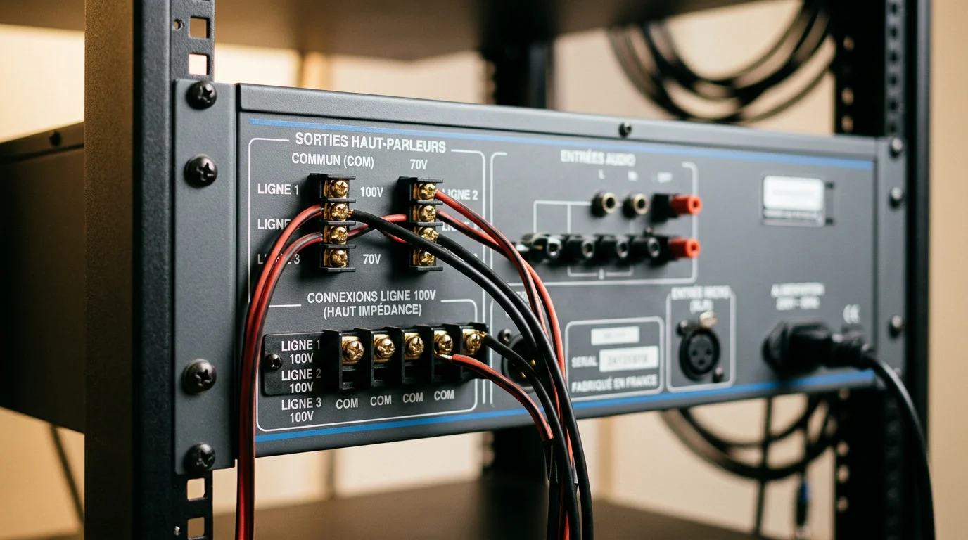 Panneau arrière d'un amplificateur en ligne 100 volts monté en rack