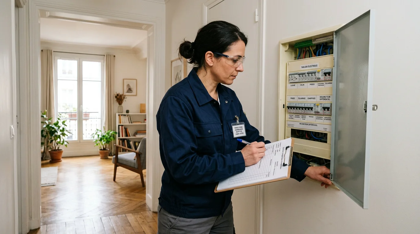 Un diagnostiqueur certifié inspecte une installation électrique lors d'un pack de diagnostics