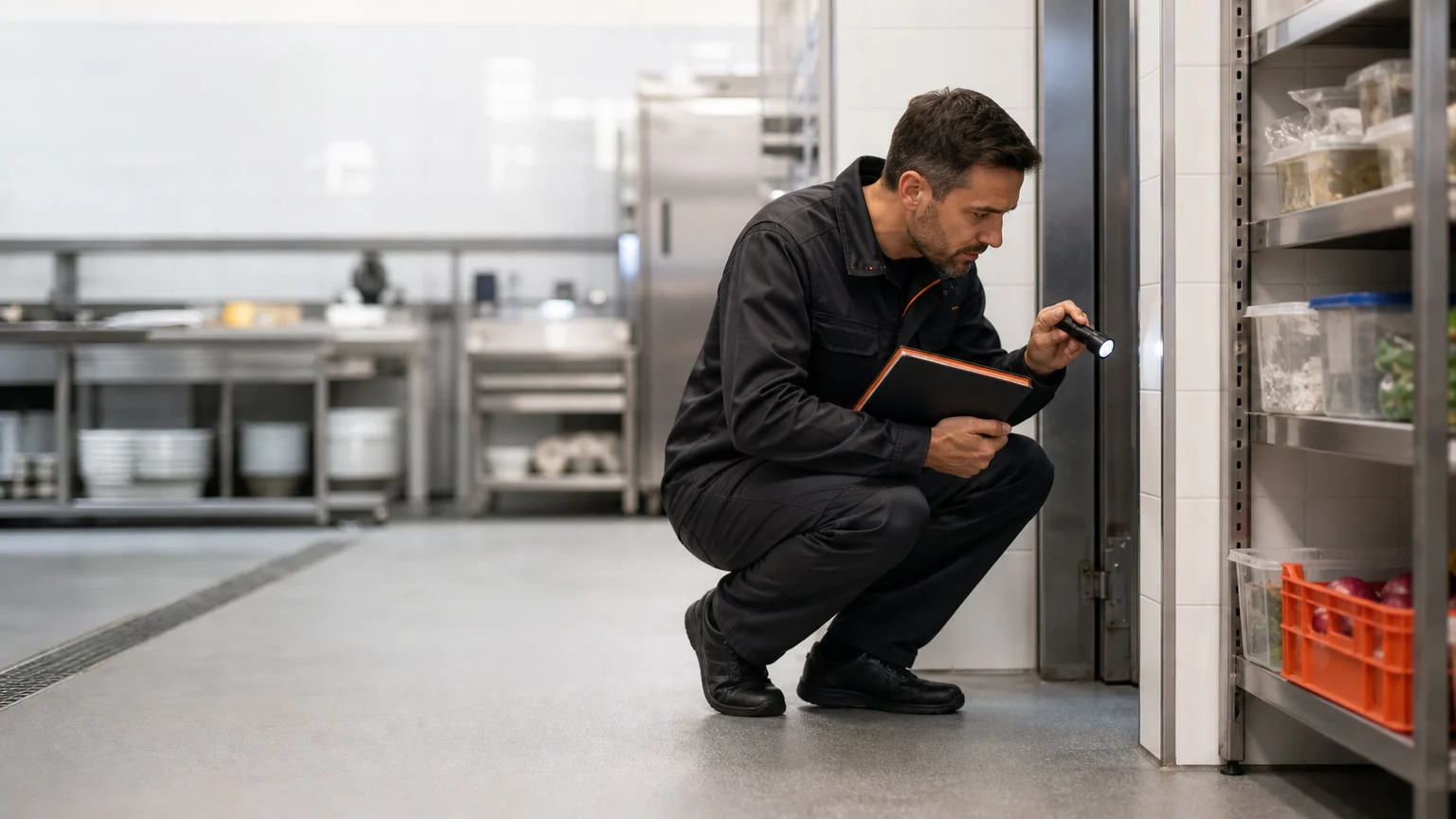 Technicien européen inspectant discrètement une cuisine de restaurant française pour prévenir les rongeurs