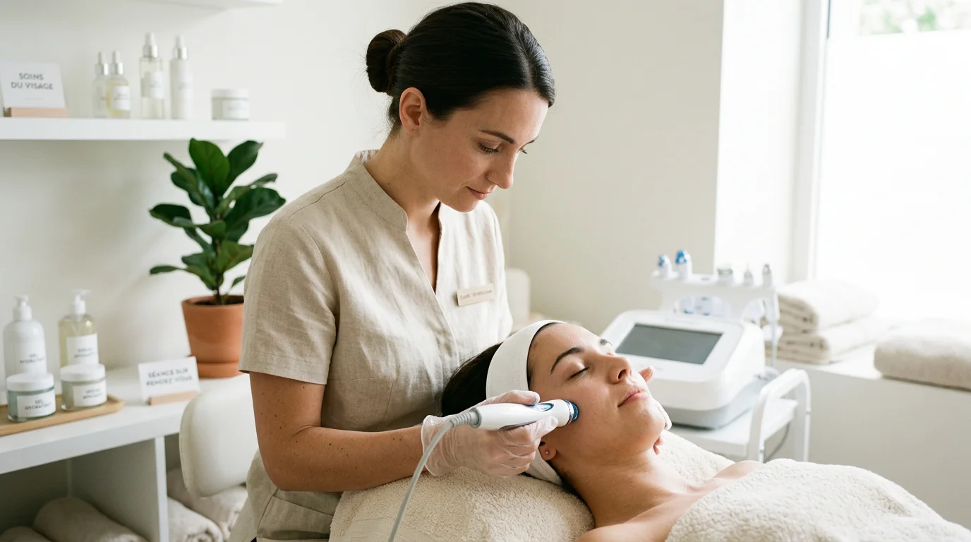 Praticienne réalisant les étapes d'un soin HydraFacial sur le visage d'une cliente