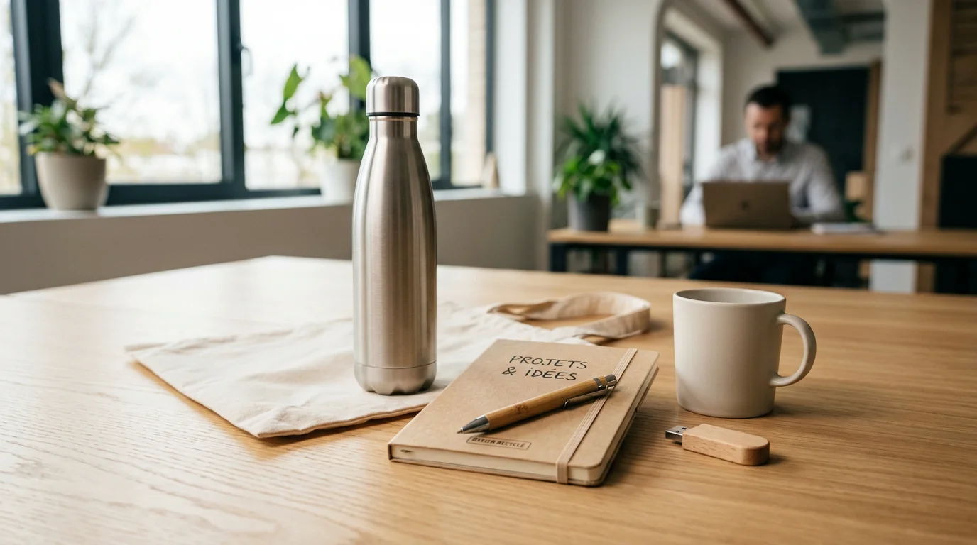 Sélection d'objets publicitaires personnalisables présentés sur un plan de travail