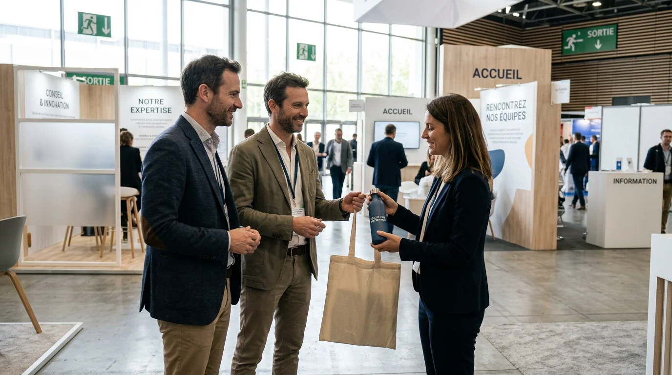 Distribution de goodies personnalisés sur un stand de salon professionnel