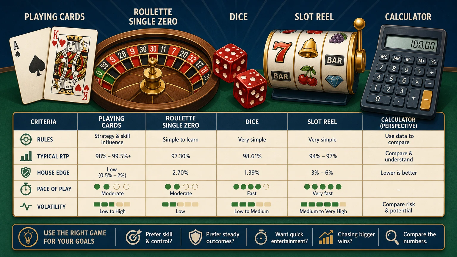 Editorial illustration comparing casino game rules, odds, pace, and volatility