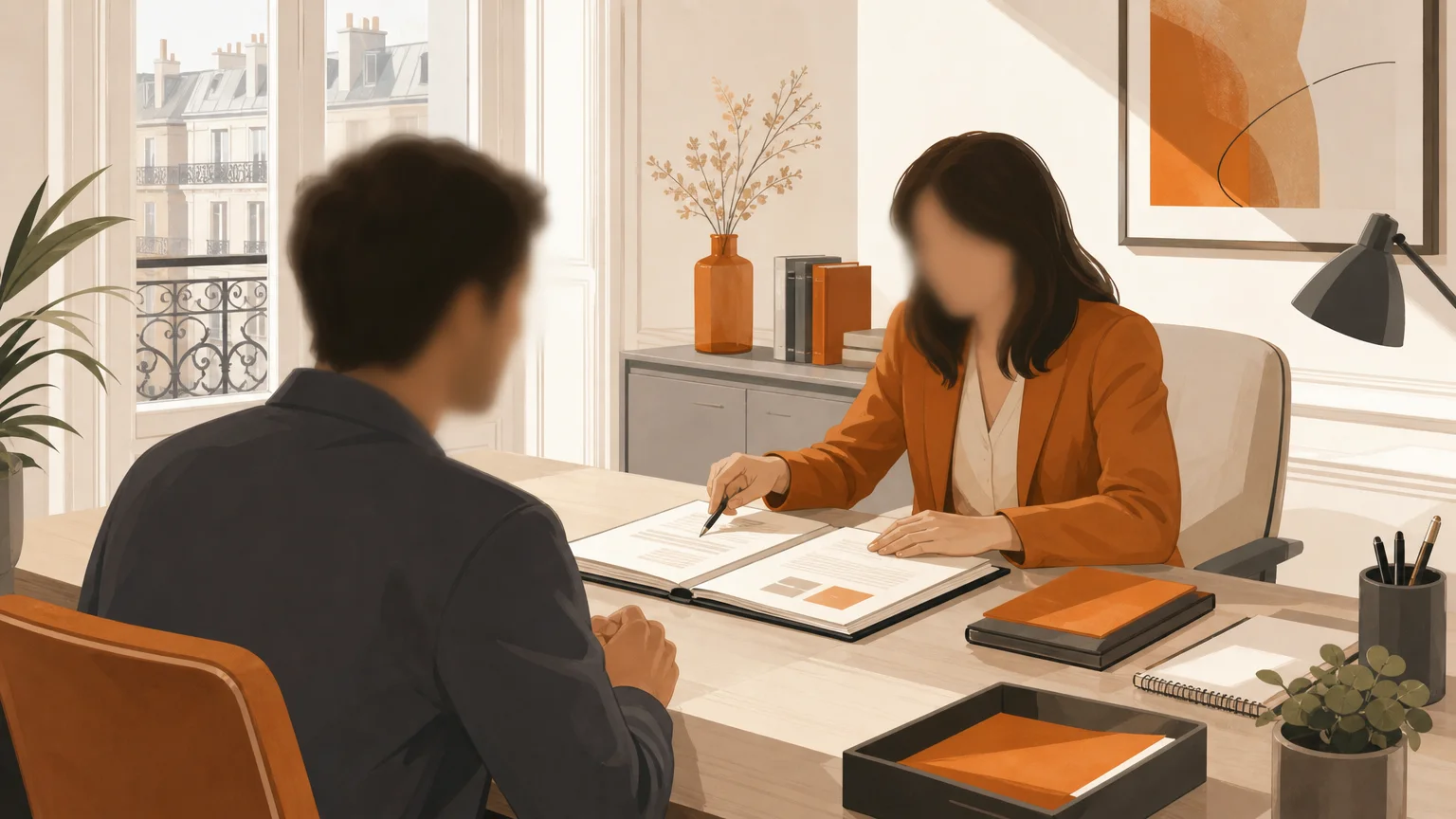 Échange entre un client et une avocate autour de documents dans un bureau juridique sobre.