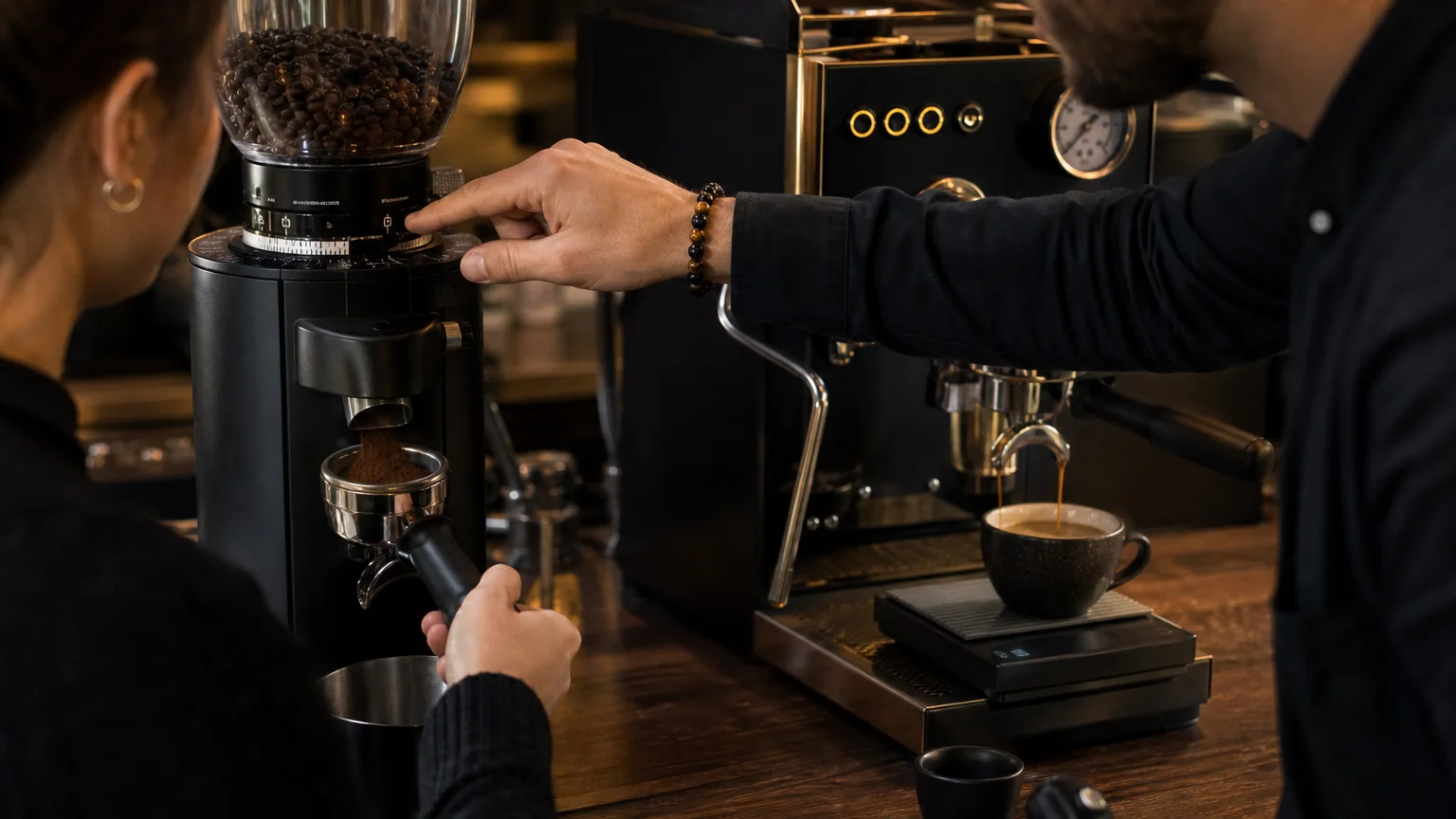 Un formateur accompagne un élève pendant le réglage du moulin et l’extraction d’un espresso