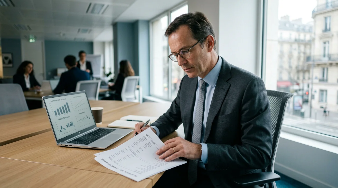 Dirigeante analysant un bilan fonctionnel imprimé dans un bureau moderne