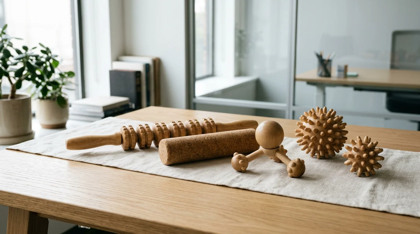 Sélection d'accessoires de massage en bois et liège personnalisables sur un bureau