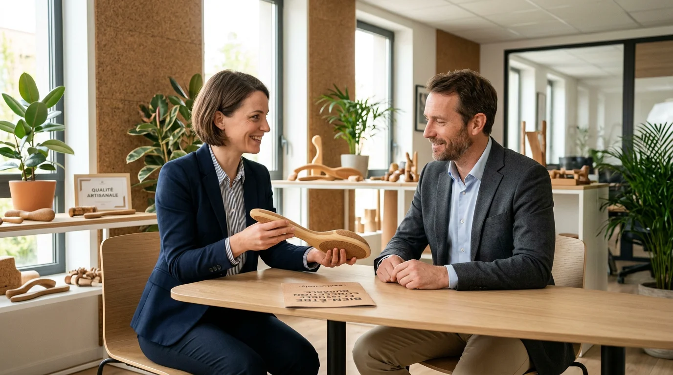 Conseillère présentant un accessoire de massage en bois éco-conçu à un client en showroom
