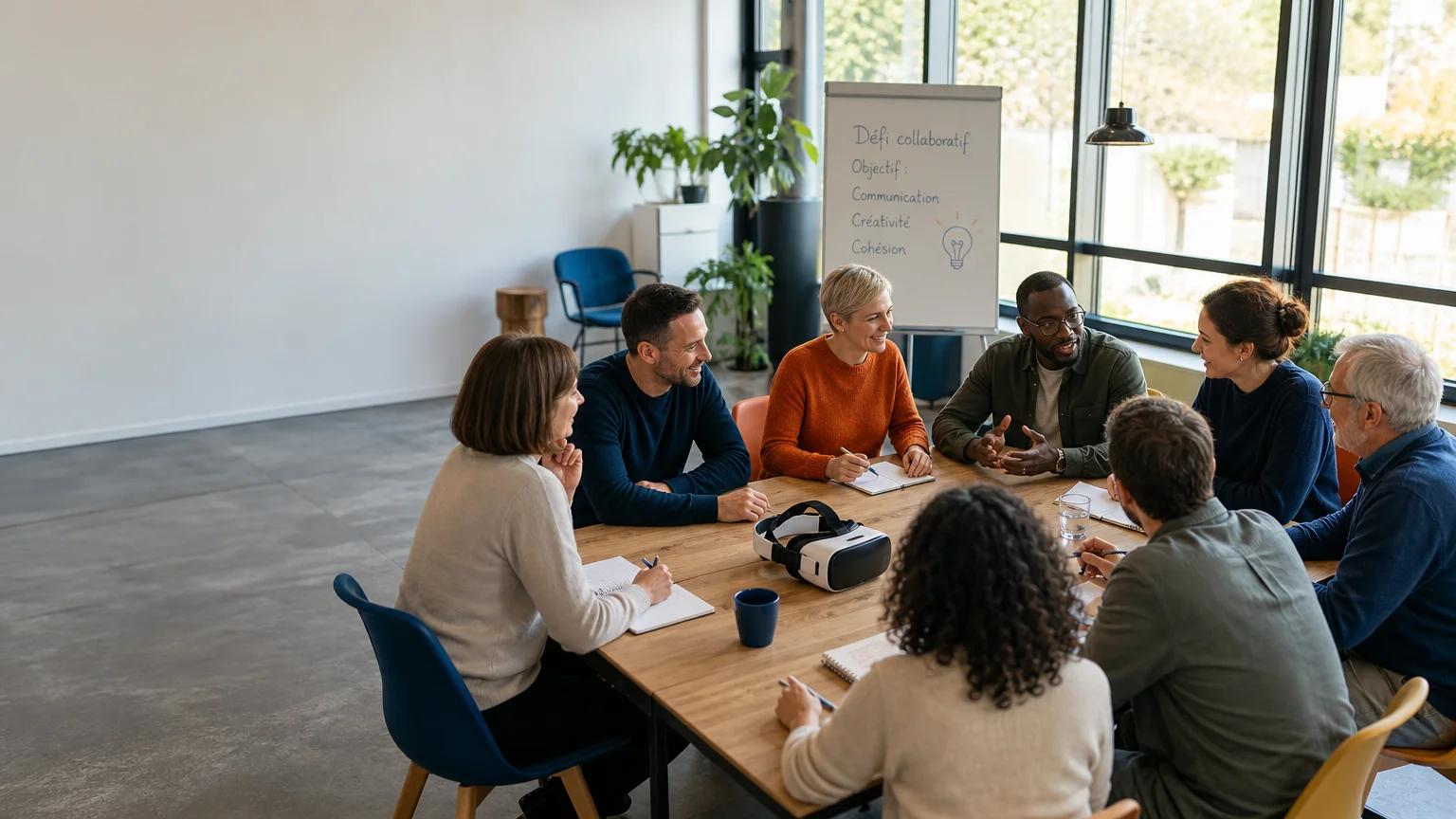 Collègues réunis autour d’un défi immersif pendant un team building en entreprise