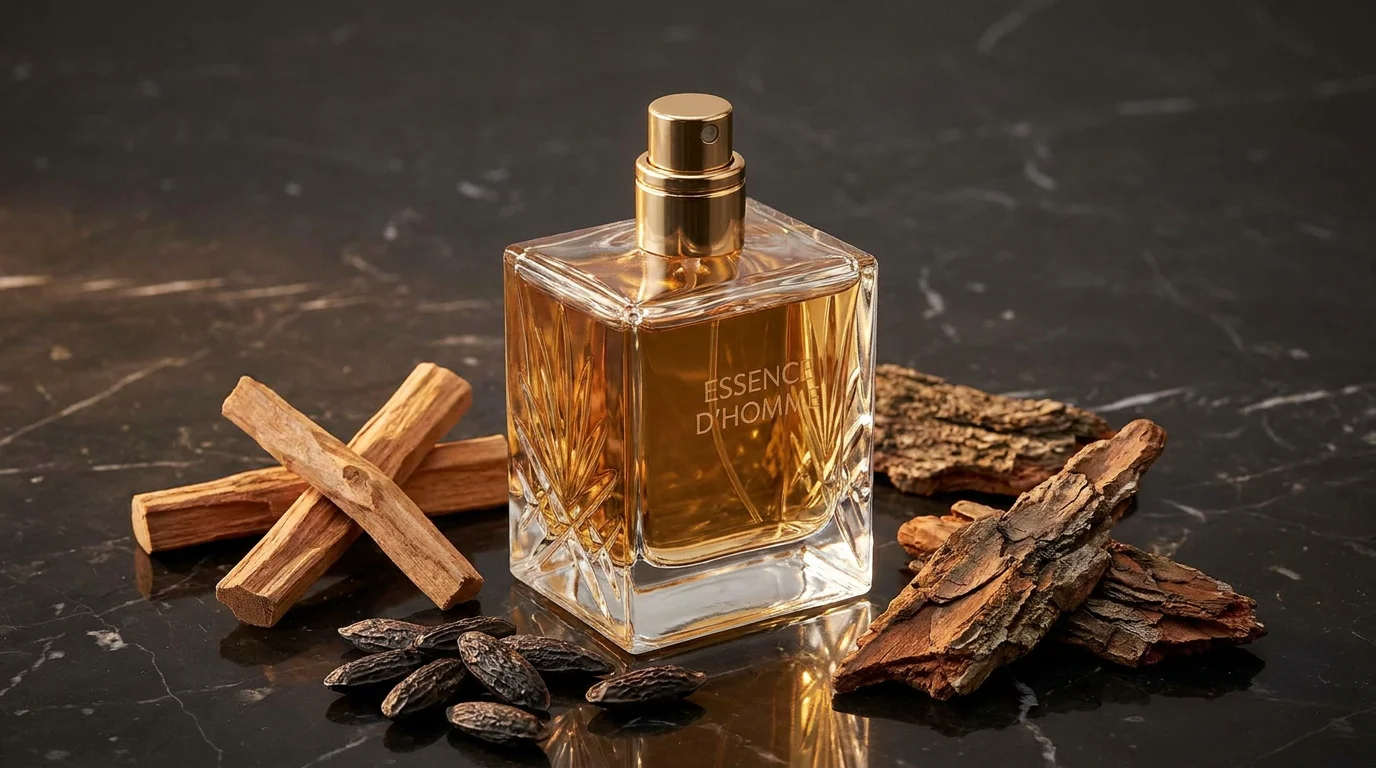 Flacon de parfum pour homme haut de gamme posé sur du marbre avec des matières premières nobles