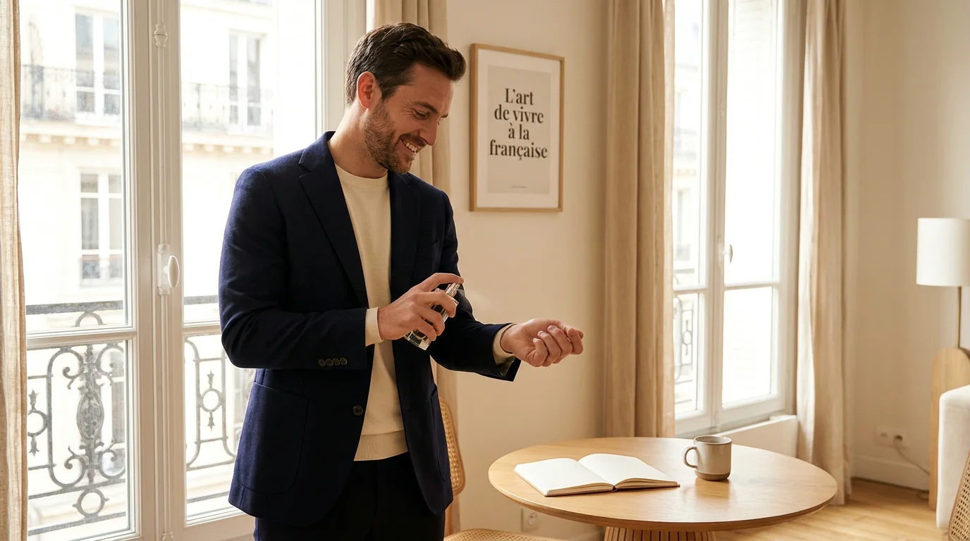 Homme élégant appliquant du parfum sur son poignet dans un intérieur parisien raffiné