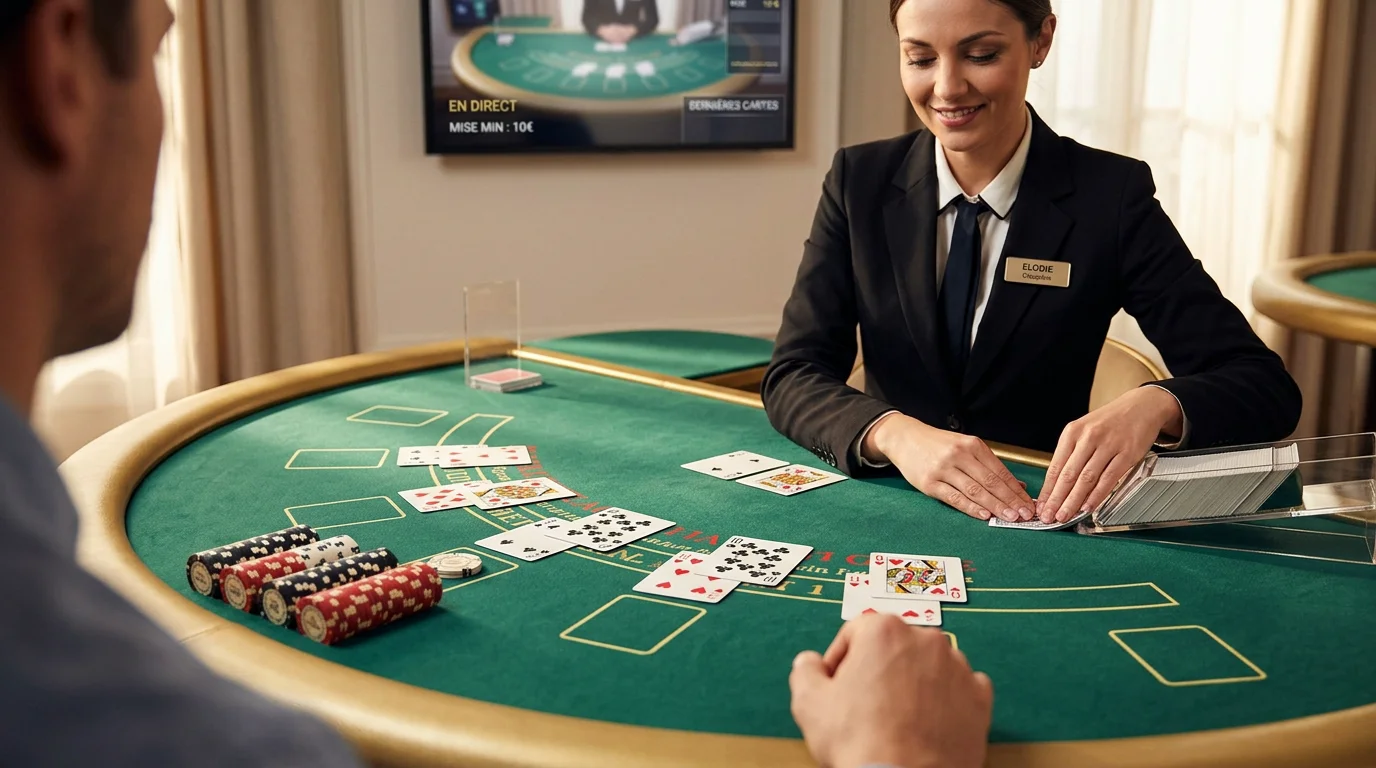 Table de blackjack en direct avec cartes et jetons vue du côté du joueur