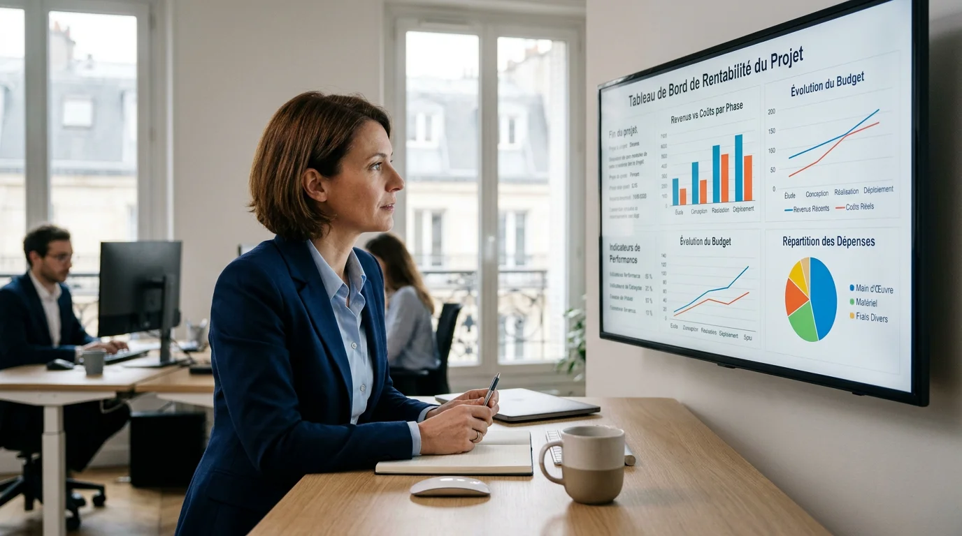 Responsable de mission analysant la rentabilité d'une affaire sur un tableau de bord