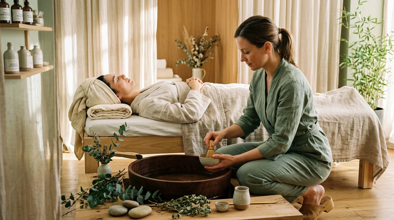 Studio de Head Spa japonais avec praticienne préparant un soin du cuir chevelu