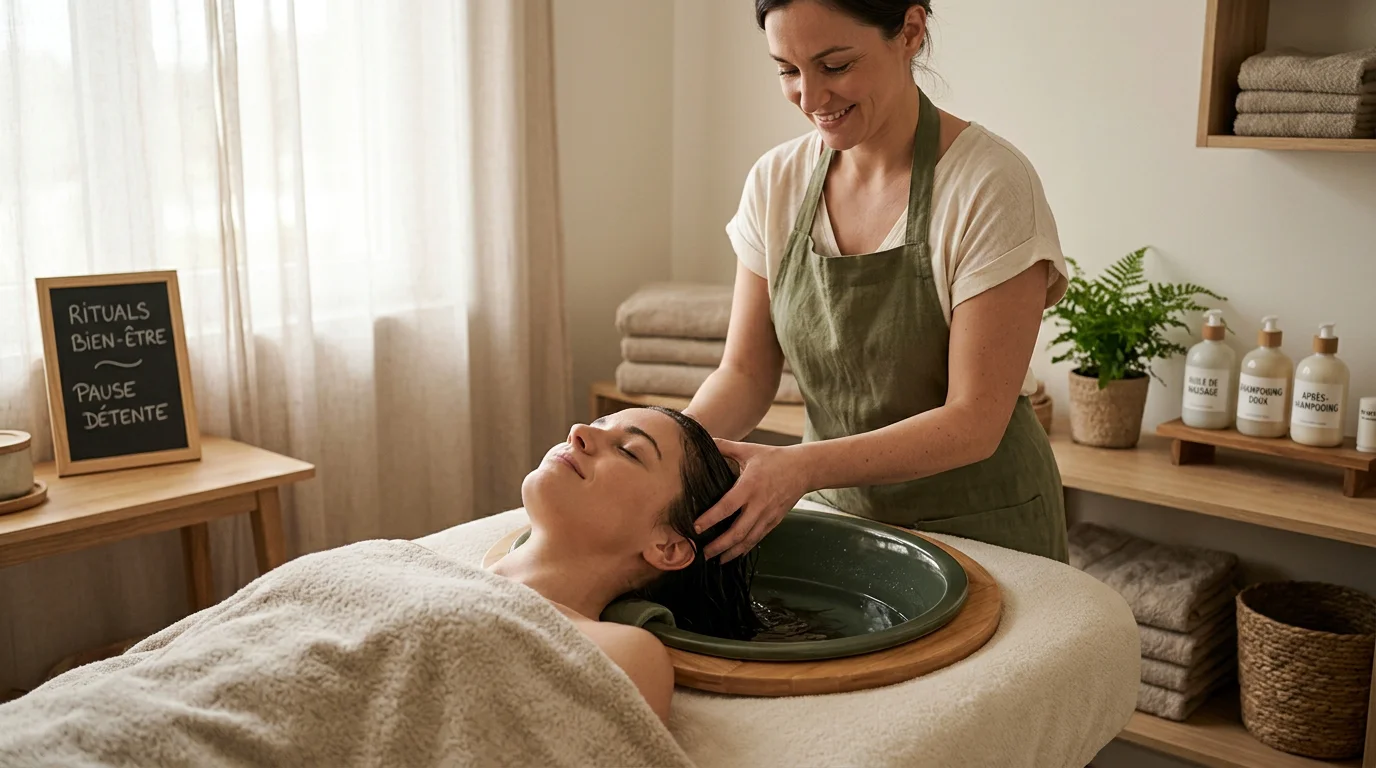 Praticienne réalisant un soin Head Spa japonais dans un institut