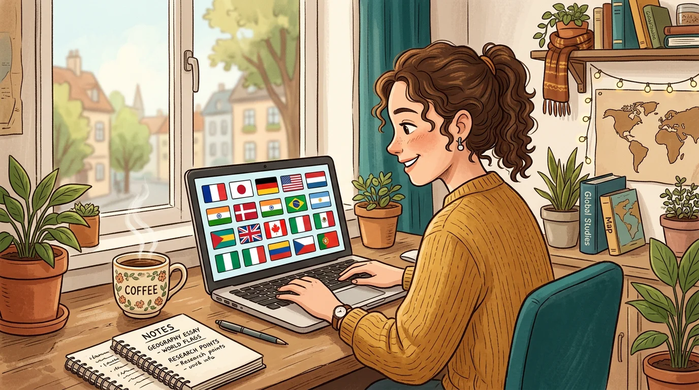 A European student learning world flags on a laptop at a study desk