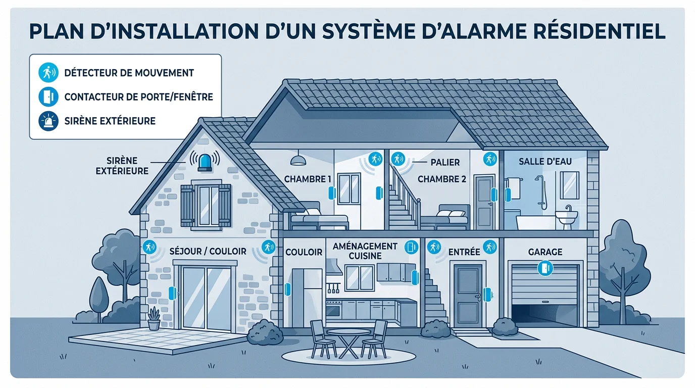 Schéma de placement des détecteurs d'une alarme sans fil dans une maison