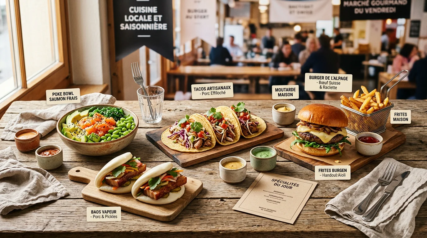 Assortiment de plats de street food variés sur une table en bois
