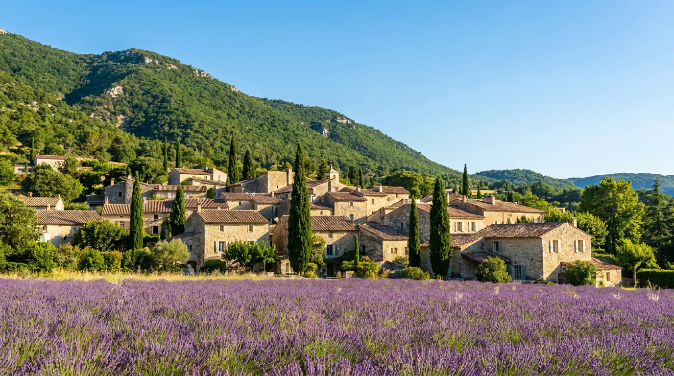 Village provençal au pied du Luberon avec maisons de pierre et champs de lavande