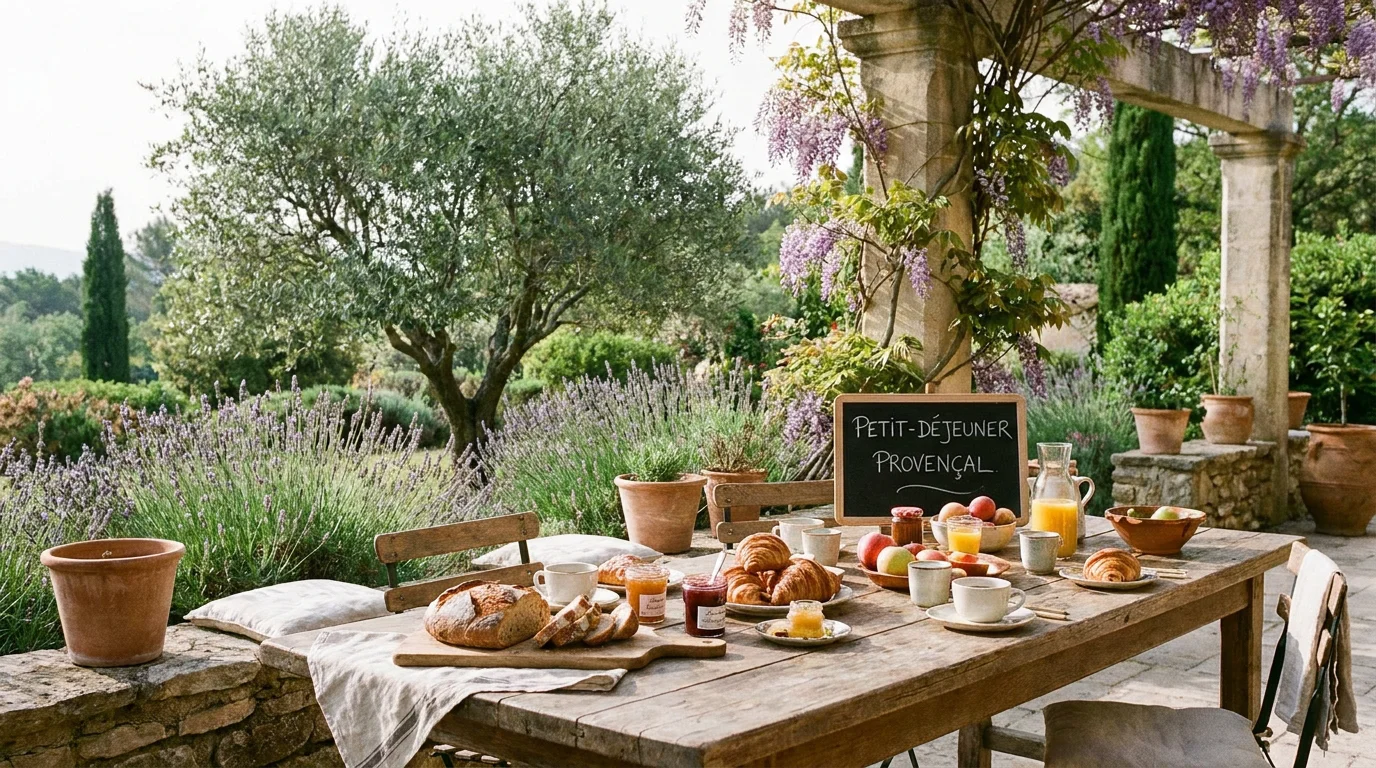 Petit-déjeuner sur une terrasse provençale avec vue sur un jardin méditerranéen